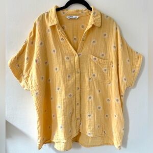 Dandelion Print 💛 Yellow 100% Cotton Gauze button down short sleeve shirt XL